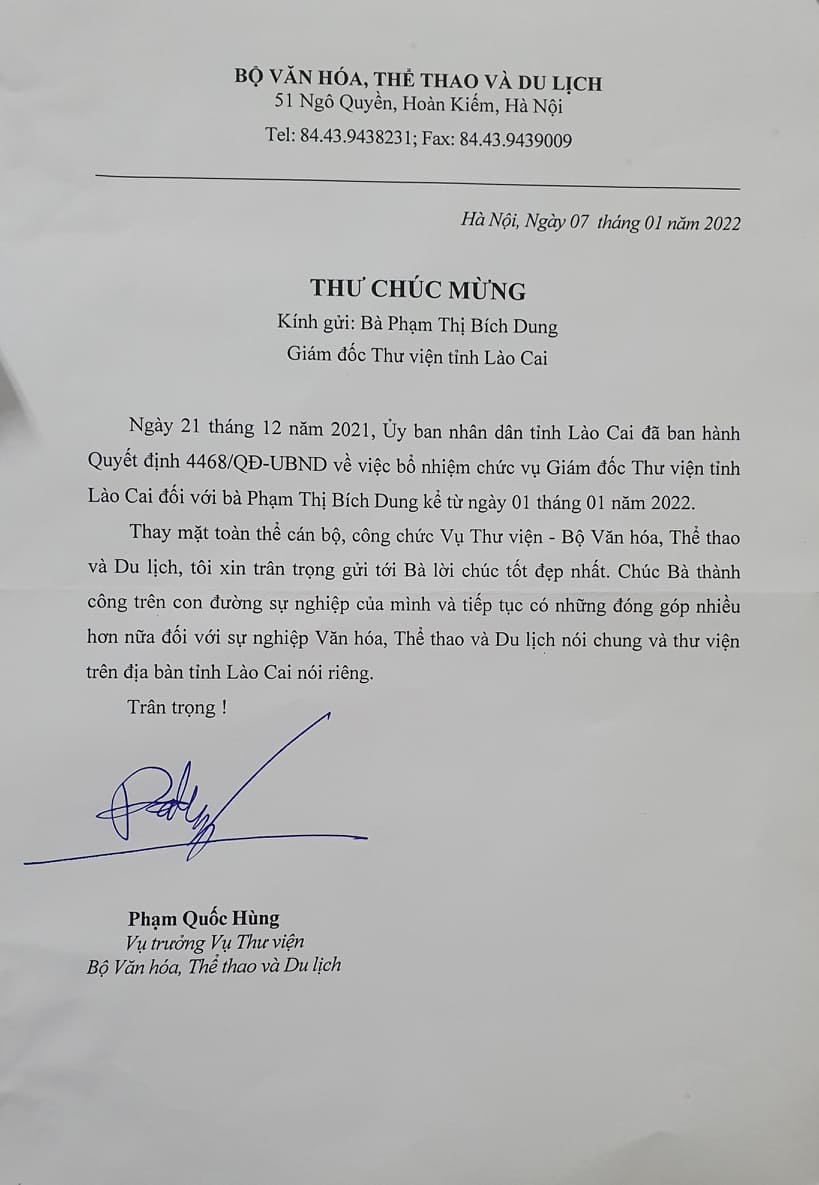 Thư chúc mừng của Vụ trưởng Vụ Thư viện - Bộ Văn hóa, Thể thao và Du lịch tới Bà: Phạm Thị Bích Dung - Giám đốc Thư viện tỉnh Lào Cai